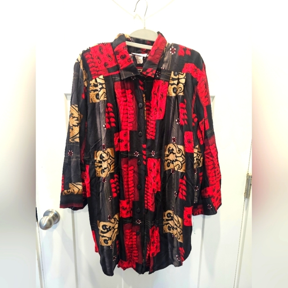 C.S.T. Studio Boho Patchwork Button-Up Shirt 2X Black Red Rayon Made in USA